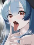  1girl absurdres artist_name azur_lane bare_shoulders black_hat blue_hair facial_mark forked_tongue green_pupils hat highres light_blush looking_at_viewer marco_polo_(azur_lane) nobukusa0209 red_eyes solo symbol-shaped_pupils tongue tongue_out upper_body v v_over_mouth 