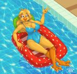 2025 2_toes 4_toes 5_fingers anisodactyl anthro artist_logo avian beak bird&#039;s-eye_view black_eyebrows blonde_hair blue_clothing blue_swimwear cel_shading cheek_tuft chocobo claws clothing collarbone crossed_legs digital_media_(artwork) eyebrows eyelashes facial_tuft feathers feet female final_fantasy fingers gesture hair hand_gesture hi_res high-angle_view ivory_(sweetchocobo) knee_tuft leg_tuft logo looking_at_viewer monotone_body multicolored_beak one-piece_swimsuit orange_beak orange_scutes partially_submerged plantigrade pool_float purple_eyes red_beak sammfeatblueheart scuted_legs scutes shaded signature smile smirk solo square_enix swimming_pool swimsuit_only swimwear tile toe_claws toes tuft two_tone_beak v_sign water white_claws yellow_body yellow_feathers