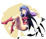  1girl ass blue_eyes blue_hair blush boots braid breasts cape caster crescent_moon embarrassed fate/stay_night fate_(series) female frown gloves gradient_hair high_heel_boots high_heels highleg highleg_leotard lavender_hair legs leotard long_hair looking_at_viewer magical_girl mihane moon multicolored_hair pointy_ears sitting solo type-moon 
