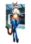 2025 anthro big_breasts blue_eyes blue_latex blush boots breasts clothing collar felid feline female footwear fur hi_res high_heeled_boots high_heels latex latex_boots latex_clothing latex_footwear latex_legwear latex_shrug_(clothing) latex_thigh_boots latex_thigh_highs latex_topwear legwear looking_at_viewer lynx mammal maned_kitsune miyu_(star_fox) multicolored_body multicolored_fur nintendo nipple_piercing nipples orange_body orange_fur piercing pink_nipples platform_footwear platform_heels shoes shrug_(clothing) solo star_fox striped_body striped_fur stripes tail tan_body tan_fur thick_thighs thigh_boots thigh_highs topwear vulva wide_hips