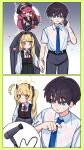  1boy 2girls absurdres belt black_belt black_coat black_dress black_hair black_hat black_pants black_shirt blonde_hair blue_archive blue_eyes blue_necktie blush cellphone coat demon_horns dress grey_eyes hair_between_eyes hair_dryer halo hat highres horns ibuki_(blue_archive) iroha_(blue_archive) je_o_mo long_hair long_sleeves multiple_girls necktie notice_lines open_mouth pants phone pinafore_dress purple_halo red_hair red_necktie red_ribbon ribbon sensei_(blue_archive) shirt short_hair short_sleeves sidelocks sleeveless sleeveless_dress smartphone smile twintails upper_body wet wet_clothes white_shirt yellow_eyes yellow_halo 