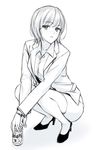  bad_source bangs beer_can blush can dress_shirt formal high_heels highres long_sleeves monochrome office_lady shirt short_hair simple_background sketch solo squatting suit takeuchi_aya white_background 