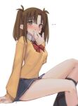  1girl @_@ absurdres blush bow bowtie breasts brown_eyes brown_hair collared_shirt deko_morii grey_skirt highres kneehighs long_sleeves looking_at_viewer medium_breasts parted_bangs shirt short_hair sitting skirt socks solo sweater tsukihime two_side_up white_shirt yellow_sweater yumizuka_satsuki 