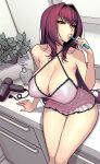  1girl absurdres bare_shoulders breasts brushing_teeth cleavage dynamitenatalia fate/grand_order fate_(series) hair_dryer hair_intakes highres holding holding_toothbrush large_breasts long_hair nightgown pink_nightgown purple_hair red_eyes scathach_(fate) soap_dispenser solo thighs toothbrush 