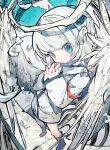  1girl absurdres blue_eyes blue_shoes grey_hair halo highres interlocked_fingers jacket looking_at_viewer medium_hair open_mouth original shoes short_hair smile solo soresaki white_halo white_jacket white_wings wings 