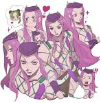  ! !! 1boy 1girl belt blush brown_pants chibi chibi_inset eyelashes fake_horns fishnet_top fishnets grimace hat heart highres horned_hat horned_headwear horns imagining jojo_no_kimyou_na_bouken knee_pads kujo_jolyne long_hair looking_at_another looking_at_viewer looking_up male_focus matubaru_chan multiple_views muscular muscular_male narciso_anasui outline pants pink_eyes pink_hair pink_lips sidelocks sigh simple_background sparkle stone_ocean studded_belt studded_hat surprised sweatdrop white_background white_belt white_outline wide-eyed 