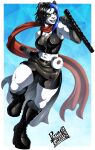 2025 abs absurd_res action_pose anthro baton bear belt_accessory biceps big_breasts black_body black_fur black_hair blue_hair boots border bottomwear breasts cleavage clothed clothing female footwear fur giant_panda green_eyes hair hi_res highlights_(coloring) jewelry legwear lips mammal midriff multicolored_body multicolored_fur muscular muscular_female necklace open_mouth open_smile pltnm06ghost pose quads scarf shein_li shoes short_hair shorts signature simple_background smile thick_bottom_lip thigh_boots thigh_highs topwear two_tone_body two_tone_fur unzipped vest white_body white_border white_fur zipper