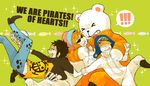  3boys bear bepo earflap_hat hat hat_pompom heart_pirates hug jumpsuit multiple_boys one_piece penguin_(one_piece) shachi_(one_piece) sunglasses trafalgar_law 