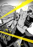  1boy arms_up black_jacket blazer dress_shirt facing_to_the_side grey_eyes grey_hair grey_shirt highres holding holding_sword holding_weapon jacket looking_to_the_side male_focus monochrome narukami_yu open_clothes open_jacket outstretched_arms paint paint_splatter partially_colored persona persona_4 popped_collar saitou_rokuro school_uniform shirt spot_color swinging_weapon sword unbuttoned_sleeves upper_body vignetting weapon white_background wind 