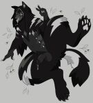 2023 4_toes 5_fingers acorn anthro balls black_body black_fur black_glans black_hair black_nose black_tail bodily_fluids canid canine canis digital_drawing_(artwork) digital_media_(artwork) dripping feet fingers food fruit full-length_portrait fur genital_fluids genitals gesture glans grey_background grey_balls grey_body grey_fur grey_penis grey_tongue greyscale hair hand_gesture hi_res hindpaw humanoid_genitalia humanoid_hands humanoid_penis leaf male male_anthro mammal markings monochrome multicolored_body multicolored_fur navel nude_anthro nude_male nut_(fruit) open_mouth open_smile paws penis plant portrait precum precum_drip raised_leg saliva simple_background smile solo tail toes tongue v_sign white_body white_fur white_markings white_tail wolf yakpup