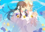  2boys :d alternate_costume alternate_hairstyle blonde_hair blue_flower blue_pansy blue_petals blue_sky closed_eyes closed_mouth cloud collarbone collared_shirt double-parted_bangs ensemble_stars! falling_petals floating_hair flower grin hair_between_eyes hair_flower hair_ornament hair_ribbon hakaze_kaoru hands_up heads_together holding_hands interlocked_fingers jewelry kanzaki_souma kaoso long_hair long_sleeves low_ponytail male_focus multiple_boys necklace pansy pearl_necklace petals ponytail puffy_long_sleeves puffy_sleeves purple_hair ribbon shirt short_ponytail sidelocks sky smile three-quarter_sleeves upper_body v-neck white_flower white_ribbon white_shirt wing_collar wolf_cut wrist_ribbon yaoi yellow_flower yellow_pansy yellow_petals 