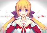  blonde_hair bow giuniu hair_bow happy_birthday heart heart_hands kuu_(agekichi) long_hair looking_at_viewer low_twintails open_mouth original purple_eyes smile solo twintails upper_body 