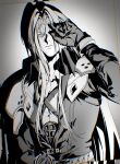  1boy armor belt black_coat black_gloves chest_strap closed_mouth coat collarbone commentary final_fantasy final_fantasy_vii final_fantasy_vii_remake gloves gradient_background grey_hair greyscale hand_up highres long_bangs long_hair long_sleeves looking_at_viewer male_focus monochrome parted_bangs sephiroth shoulder_armor slit_pupils solo symbol-only_commentary upper_body yan_river 