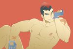  abs black_hair eyebrows fingerless_gloves gloves kill_la_kill kinagase_tsumugu koryuu_(gackter10) male_focus mohawk mouth_hold multicolored_hair muscle pectorals red_background red_hair scar shirtless solo two-tone_hair 