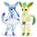  anthro apron blush duo eeveelution fuddy glaceon leafeon looking_at_viewer nintendo plain_background pok&eacute;mon translucent video_games white_background 