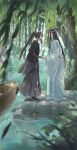  2boys ahoge black_boots black_eyes black_hair black_hanfu blurry blurry_foreground boat boots chinese_clothes closed_mouth dappled_sunlight day eye_contact falling_leaves from_side full_body guqin hair_ribbon hanfu headband highres instrument_case kimako_(kimako_8) lake lan_wangji leaf long_hair long_sleeves looking_at_another male_focus modao_zushi multiple_boys outdoors pier plant ponytail profile red_ribbon reflection reflective_water ribbon robe sidelocks sleeves_past_wrists smile standing sunlight topknot tree very_long_hair water watercraft wei_wuxian white_boots white_hanfu white_headband wide_sleeves xiao_guan_(headdress) yaoi 