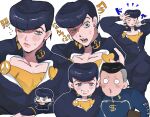  2boys anchor_ornament anchor_symbol anger_vein black_gakuran black_hair blue_eyes blue_gakuran blush chibi chibi_inset cleavage_cutout clothing_cutout collarbone collared_jacket diamond_wa_kudakenai dollar_sign dot_nose earrings eyelashes facial_mark grey_hair grin half-closed_eye higashikata_josuke higashikata_josuke&#039;s_pose_(jojo) highres jacket jewelry jojo_no_kimyou_na_bouken jojo_pose looking_at_viewer male_focus matubaru_chan multiple_boys multiple_views nijimura_okuyasu no_nose outline peace_symbol pompadour school_uniform shirt short_hair smile stud_earrings sweatdrop white_background white_outline yellow_shirt 