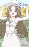  1girl :d arms_up bare_arms bare_shoulders blue_sky blush bow breasts brown_eyes brown_hair commentary day dress english_text flower gakuen_idolmaster grey_hat hands_on_headwear hat highres idolmaster kuramoto_china long_hair looking_at_viewer mitya outdoors parted_bangs round_teeth sky sleeveless sleeveless_dress small_breasts smile solo sun_hat sunflower teeth twitter_username upper_teeth_only very_long_hair watermark white_bow white_dress yellow_flower 
