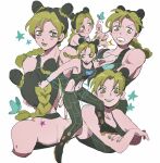  1girl :o bare_shoulders birthmark black_boots black_hair black_pants black_tank_top blush boots bracelet braid breasts bug butterfly cone_hair_bun crop_top crossed_arms curtained_hair double_bun green_eyes green_hair green_lips hair_bun highres jewelry jitome joestar_birthmark jojo_no_kimyou_na_bouken kujo_jolyne lipstick long_hair makeup matubaru_chan midriff multicolored_hair multiple_views navel pants parted_bangs simple_background small_breasts smile spider_web_print star_(symbol) stone_ocean surprised tank_top two-tone_hair unraveling white_background wide-eyed 