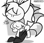 2025 3_tails anthro black_eyes breasts clothed clothing digital_media_(artwork) domestic_cat eyelashes felid feline felis female greyscale hair hi_res jdone mammal monochrome multi_tail rude_rabit simple_background smile solo tail white_body