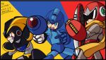  3boys agetatekoron2 arm_cannon armor assault_visor bass_(mega_man) black_armor black_helmet blue_background blue_bodysuit blue_eyes blue_helmet bodysuit chest_jewel cowboy_shot dated facial_mark forehead_jewel grey_bodysuit group_picture helmet highres male_focus mega_man_(character) mega_man_(classic) mega_man_(series) mega_man_day multiple_boys proto_man red_background red_helmet scarf sharp_teeth simple_background teeth weapon yellow_background yellow_scarf 