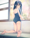  absurdres ass barefoot black_hair brown_eyes competition_school_swimsuit flat_ass full_body highres indoors legs long_hair looking_at_viewer looking_back love_live! love_live!_school_idol_project one-piece_swimsuit open_mouth school_swimsuit solo sonoda_umi swimsuit window yudough 
