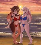 2025 4_toes 5_fingers ankle_tuft anthro artist_logo beach big_breasts big_ears blue_clothing blue_swimwear breasts brown_body brown_eyes brown_fur brown_hair buckteeth cel_shading cheek_tuft clothing countershade_face countershade_torso countershading crotch_tuft curvy_figure detailed_background dipstick_ears ear_markings eyelashes facial_tuft feet female fingers floppy_ears fur gloves_(marking) gradient_sky green_pupils hair half-closed_eyes hand_on_hip head_tuft heart_(marking) hi_res horizon lagomorph leg_tuft leporid logo looking_at_viewer lop_ears mammal markings monotone_body multicolored_ears narrowed_eyes navel neck_tuft open_mouth orange_clouds orange_sky outside pink_inner_ear plantigrade pupils rabbit red_clothing red_swimwear red_tongue sammfeatblueheart sand sea shaded shadow signature sky smile solo standing sun sunset swimwear swimwear_only teeth thick_thighs toes tongue tuft two-piece_swimsuit voluptuous water wave white_body white_fur yellow_eyes yellow_sky