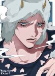  1boy absurdres black_shirt blue_background blue_eyes character_name clothing_cutout cloud eyelashes fake_horns fur_hat hat highres horned_hat horned_headwear horns jojo_no_kimyou_na_bouken looking_at_viewer male_focus matubaru_chan partially_shaded_face portrait shirt smoke solo stone_ocean weather_report 