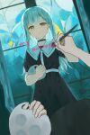  1girl absurdres bang_dream! bang_dream!_it&#039;s_mygo!!!!! black_choker black_dress choker closed_mouth commentary dress green_hair highres holding holding_paint_palette holding_paintbrush hu_pi_xuan_jiao long_hair looking_at_viewer mirror paint_palette paintbrush painting_(action) short_sleeves solo wakaba_mutsumi yellow_eyes 