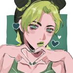  1girl bare_shoulders blush bun_with_braided_base collarbone cone_hair_bun curtained_hair double_bun drawn_heart four-finger_heart_hands green_background green_eyes green_lips green_nails green_tank_top green_theme hair_bun head_tilt heart heart_hands highres jojo_no_kimyou_na_bouken kujo_jolyne looking_at_viewer matubaru_chan parted_bangs portrait solo star_(symbol) star_in_eye stone_ocean striped_tank_top symbol_in_eye tank_top 