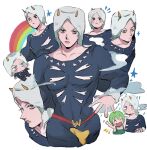  1boy 1girl :d belt black_bodysuit blue_eyes bodysuit chibi chibi_inset clothing_cutout cloud collarbone dot_nose excited expressionless eyelashes fake_horns fang foo_fighters_(jojo) frown fur_hat green_hair green_overalls hat heart highres horned_hat horned_headwear horns jitome jojo_no_kimyou_na_bouken looking_at_viewer looking_up male_focus matubaru_chan multiple_views overalls rain rainbow red_belt smile star_(symbol) stone_ocean weather_report white_background 
