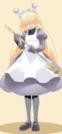  android antennae apron blonde_hair broom dress full_body hair_over_eyes highres long_hair maid maid_apron maid_headdress open_mouth pantyhose ryu3224 shoes smile solo tesse waku_waku_7 