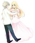  1girl aldnoah.zero amy26 asseylum_vers_allusia bare_shoulders blonde_hair blue_eyes blush couple dancing dress green_eyes hand_on_another's_hip hand_on_another's_shoulder interlocked_fingers long_hair looking_at_another open_mouth pink_dress short_hair silver_hair slaine_troyard smile sweater very_long_hair white_background younger 