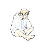  1boy black_nails blonde_hair commentary crossed_ankles drawstring english_commentary full_body gigglepox glasses hand_on_own_face hand_up highres holostars holostars_english hood hoodie magni_dezmond male_focus nail_polish protected_link short_hair solo toenail_polish toenails white_background white_hoodie yellow_eyes 
