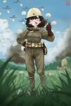  1girl 4others absurdres aircraft airplane belt black_hair blood blood_on_face brown_gloves closed_eyes collared_jumpsuit combat_helmet commentary english_commentary gloves grass grin gun handgun helmet highres holstered jumpsuit knife lollies_2020 medium_hair military_combat_uniform military_uniform missing_tooth mole mole_under_eye multiple_others nosebleed original outdoors parachute sheath sheathed smile smoke soldier solo_focus thumbs_up utility_belt war weapon zipper_pull_tab 