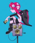  1girl agent_8_(splatoon) black_boots black_skirt blue_background boots high_heel_boots high_heels highres long_hair looking_ahead miniskirt octoling oka_kabe pencil_skirt red_eyes red_hair short_eyebrows simple_background sitting skirt solo splatoon_(series) splatoon_2 splatoon_2:_octo_expansion standing tentacle_hair thick_eyebrows 