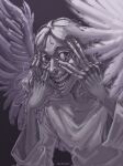  1boy big_mouth feathered_wings gabriel_(mandela_catalogue) greyscale hands_on_own_face highres long_fingers long_hair looking_at_viewer male_focus mandela_catalogue monochrome robe salute solo stray_hair teeth tomtit_bird upper_body very_big_eyes vulcan_salute white_hair white_robe wide_sleeves wings wrinkled_skin zoom_layer 