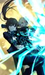  2girls absurdres alternate_eye_color black_hair black_jacket black_ribbon blonde_hair blue_eyes blue_pants commentary_request dominator_(gun) firing floating_hair gun hair_ribbon highres holding holding_gun holding_weapon inoue_takina jacket long_hair long_sleeves lycoris_recoil multiple_girls nishikigi_chisato one_side_up open_mouth pants ponytail psycho-pass ribbon sengoku_chidori short_hair weapon yellow_eyes 
