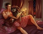  asura bed bedroom black_hair book butt candle convenient_censorship couple eye_contact female green_eyes grey_skin guild_wars hair human interspecies male mammal nude red_hair straight undead video_games window 