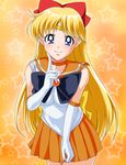  :3 aino_minako back_bow bishoujo_senshi_sailor_moon blonde_hair blue_eyes bow choker circlet elbow_gloves finger_to_cheek finger_to_face gloves hair_bow highres long_hair looking_at_viewer mumumu_(road) orange_choker orange_sailor_collar pleated_skirt red_bow sailor_collar sailor_senshi_uniform sailor_venus skirt solo star white_gloves 