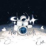  1other animal artist_name astronaut beamed_sixteenth_notes closed_eyes commentary crater crescent drum drum_set drumsticks eighth_note full_body helmet highres holding holding_drumsticks instrument kazunoko_(kazunoko_zunoco) moon music musical_note on_moon original other_focus outdoors playing_drum playing_instrument rabbit radio_antenna signature solo space space_helmet spacesuit sparkle star_(sky) white_rabbit_(animal) 