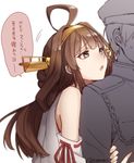  ahoge blush brown_hair detached_sleeves double_bun grey_eyes hair_ornament hairband kantai_collection kongou_(kantai_collection) long_hair nontraditional_miko open_mouth solo_focus translated veryberry00 