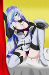  1girl akame_ga_kill! aqua_hair blue blue_eyes blush boots breasts bustier chains choker cleavage dominatrix drawfag elbow_gloves esdese gloves grin hair_over_one_eye hat highres large_breasts latex_gloves leather long_hair monochrome navel panties parted_lips peaked_cap smile solo thigh_boots thighhighs underwear uniform very_long_hair 