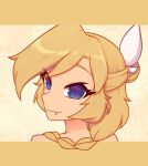  1girl absurdres bare_shoulders blonde_hair blue_eyes braid closed_mouth commentary english_commentary fang highres letterboxed looking_at_viewer looking_back nelly_(xyronii) original portrait solo xyronii yellow_background 