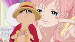  animated animated_gif black_hair blue_eyes blush_stickers cheek_poking eating fishman_island giantess hat mermaid monkey_d_luffy monster_girl one_piece pink_hair poking rubber scar shirahoshi size_difference smile straw_hat stretch 