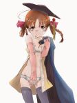  1girl black_hat blue_cape bow braid breasts brown_eyes brown_hair cape cleavage collarbone covering_crotch covering_privates cowboy_shot dress embarrassed hair_bow hair_rings hat highres hiiragi_nemu looking_at_viewer magia_record:_mahou_shoujo_madoka_magica_gaiden mahou_shoujo_madoka_magica marutaya mortarboard open_clothes open_dress panties parted_bangs purple_socks red_bow short_hair simple_background single_bare_shoulder small_breasts smile socks solo tassel thighhighs twin_braids underwear white_background yellow_dress 