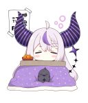  =_= absurdres ahoge black_horns bowl braid braided_bangs chibi closed_eyes crow_(la+_darknesss) demon_horns facing_viewer food fruit head_only highres hololive horns kotatsu kyabetsu_ningen la+_darknesss long_hair mandarin_orange multicolored_hair no_mouth purple_hair simple_background single_braid streaked_hair striped_horns table tail under_kotatsu under_table virtual_youtuber white_background white_hair 