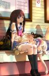  2girls absurdres bag black_bag black_hair black_shoes black_socks blonde_hair blue_sailor_collar blue_skirt bow bowtie closed_eyes commentary_request hair_ribbon hibike!_euphonium highres inoue_takina kitauji_high_school_uniform kneehighs lap_pillow loafers long_hair lycoris_recoil multiple_girls nishikigi_chisato no_smoking one_side_up open_mouth pink_bow pink_bowtie pleated_skirt purple_eyes red_ribbon ribbon sailor_collar school_bag school_uniform sengoku_chidori shirt shoes short_hair sidelocks sitting skirt sleeping sleeping_on_person socks white_shirt zipper_pull_tab 