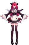  1girl absurdres arrow_(symbol) asymmetrical_wings black_garter_straps black_gloves black_shoes black_thighhighs breasts clothing_cutout commentary corset crystal_wings design_speculation english_commentary expressionless eyepatch frilled_sleeves frills full_body garter_straps getto gloves hair_between_eyes halo highres hololive hololive_english horns irys_(hololive) irys_(maid)_(hololive) juliet_sleeves long_hair long_sleeves looking_at_viewer maid_headdress medium_breasts one_eye_covered pink_eyes platform_shoes pointy_ears puffy_sleeves red_hair shoes simple_background solo standing star_halo thighhighs virtual_youtuber white_background wide_sleeves wings zettai_ryouiki 