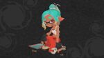  absurdres ambiguous_gender aqua_hair colored_tips corrugated_galvanized_iron_sheet crop_top dark_skin fingerless_gloves freckles gloves highres holding holding_wrench inkling_player_character jumpsuit midriff multicolored_hair navel nut_(hardware) official_art orange_jumpsuit pointy_ears ponytail red_eyes rust screw smudge splatoon_(series) splatoon_raiders tentacle_hair tied_jumpsuit tied_tank_top wrench 